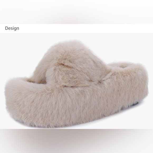 Platform sandal fluffy fur bear Sherpa booties slippers slides mules slip on new - Picture 2 of 2